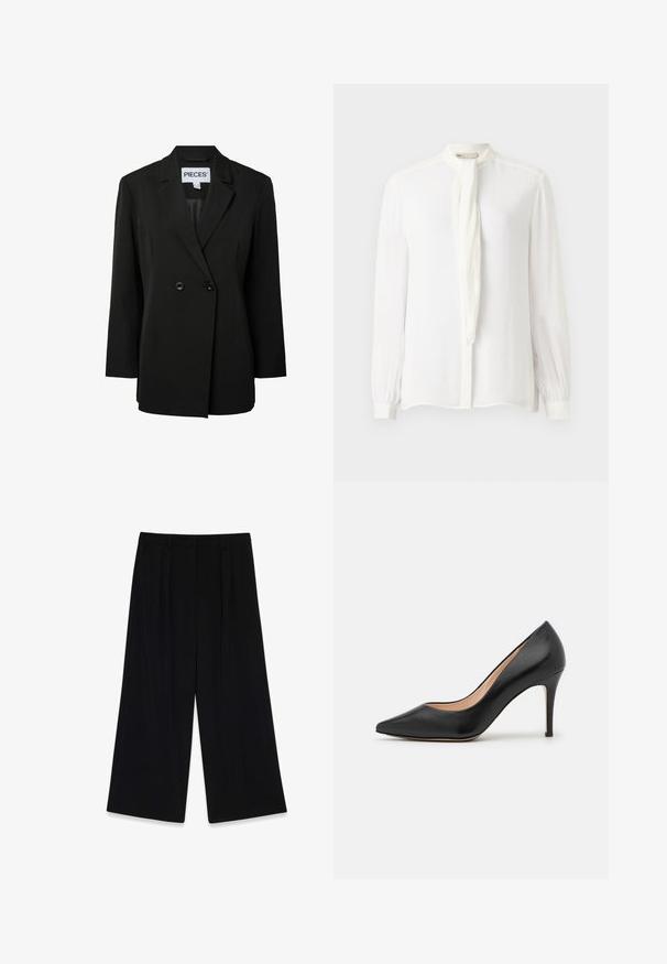 Pieces PCNOLINE LOOSE FIT - Blazer - black; Hvid langærmet bluse med høj krave og en tynd halsbånd. Lavet af glat stof med gathers ved manchetten og en knaplukning foran.; Sorte vide bukser lavet af glat stof, der har læg foran, en mellemhøj talje og ingen synlige lukninger eller pynt.; Sort læder højhælede pumpe med spids tå. Glat tekstur, slank stiletto hæl og en beige sål synlig fra siden.