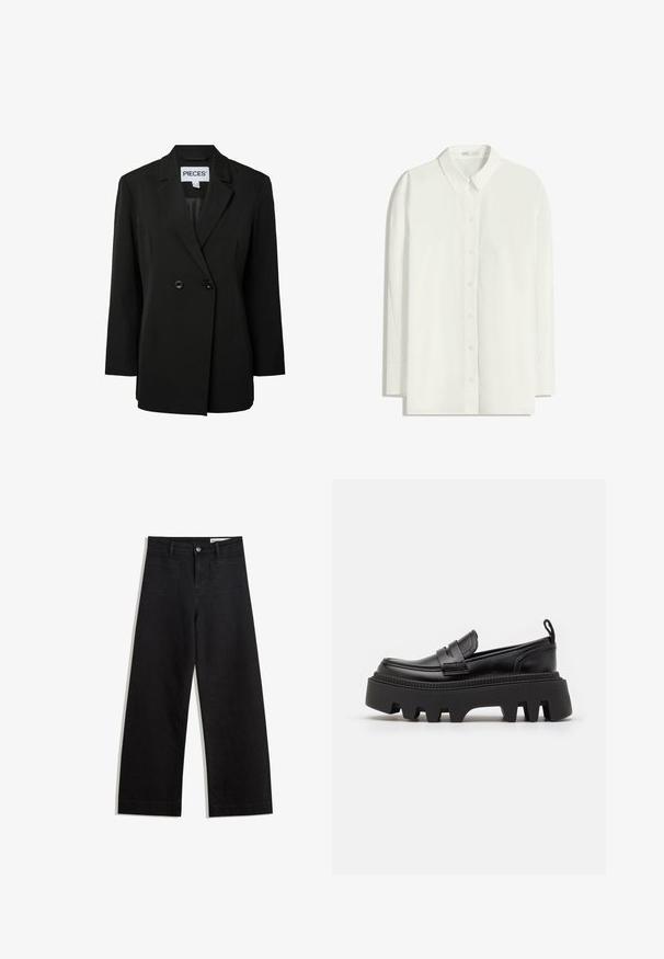 Pieces PCNOLINE LOOSE FIT - Blazer - black; Weißes Langarm-Hemd mit Knopfverschluss aus leichtem Stoff. Verfügt über einen klassischen Kragen, geraden Saum und eine Knopfleiste.; Schwarze weit geschnittene Jeans mit hoher Taille, ausgestattet mit Vorder- und Hintertaschen, gesteppten Nähten und einem Knopfverschluss. Glatte Textur.; Schwarze Lederloafer mit einer massiven schwarzen Gummisohle, ausgestattet mit rutschfesten Rillen und einem dekorativen Riemen über der Vorderseite.