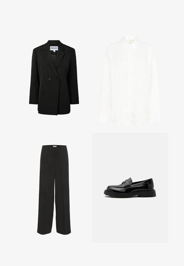 Pieces PCNOLINE LOOSE FIT - Blazer - black; Chemise blanche à manches longues avec col classique et coupe régulière. Fabriquée en tissu lisse, avec huit boutons sur le devant.; Pantalon noir à jambes larges, taille haute avec des détails subtils de plis, conçu pour une coupe décontractée et élégante.; Mocassin noir en cuir brillant avec une semelle épaisse et une bride décorative sur le dessus, sur un fond uni gris clair.