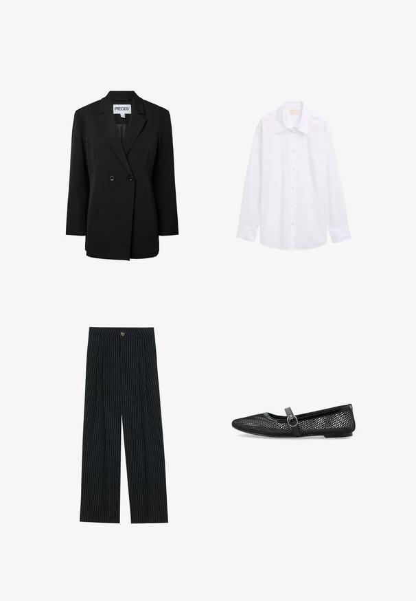 Pieces PCNOLINE LOOSE FIT - Blazer - black; Hvid langærmet skjorte lavet af bomuld, med knaplukning foran, krave og en enkelt brystsæk. Glat, ensartet tekstur.; Sorte, stribede bukser med vidde, lavet af tekstureret stof. De har en frontlukning med knap og folder for ekstra interesse.; Sorte mesh balletflade har en rund tå, en tynd rem med spænde og en flad sål. Overdelen har et geometrisk mønster for ventilation.