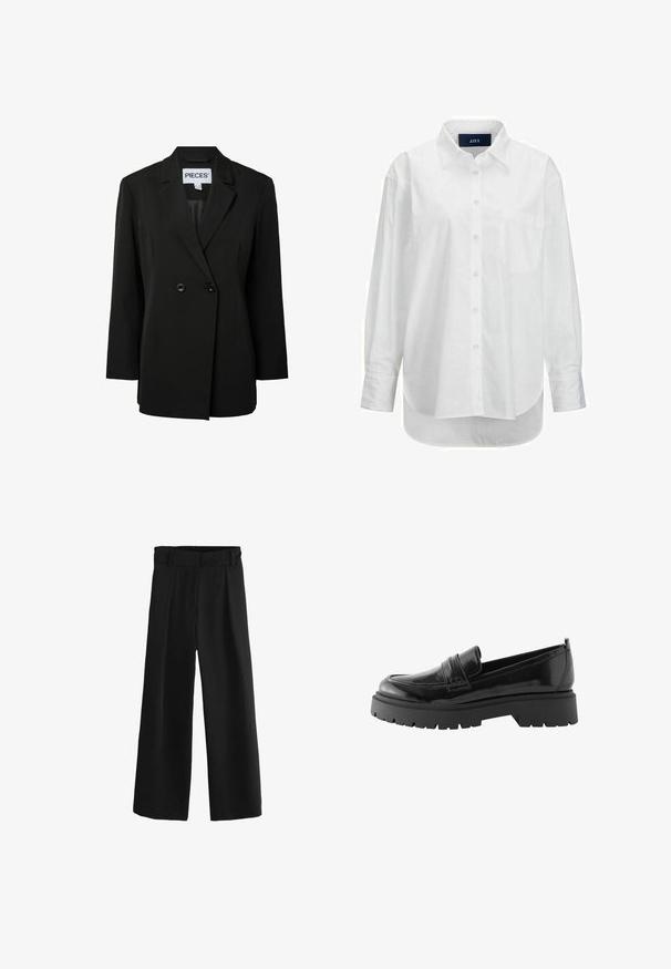 Pieces PCNOLINE LOOSE FIT - Blazer - black; Hvid langærmet skjorte i glat bomuld med knapkrave, frontlomme og buet nederkant. Har en rygskulder for ekstra struktur.; Sorte brede bukser med høj talje, dekoreret med folder og en glat, vævet tekstur. Lavet af blødt stof for komfort.; Sorte lakerede loafers har en lav platformssål med en robust træd og en quiltet detalje over midtfoden.