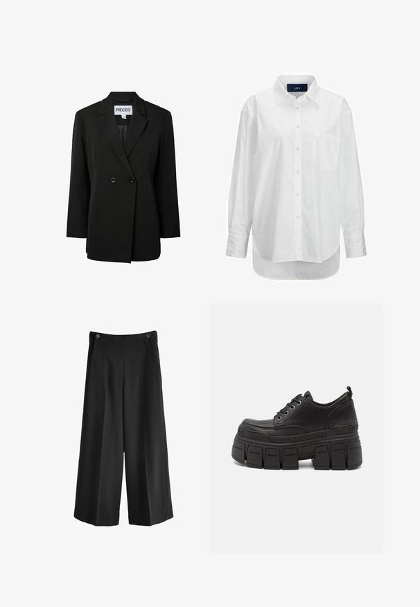 Pieces PCNOLINE LOOSE FIT - Blazer - black; Camisa blanca de manga larga en algodón suave con cuello abotonado, bolsillo frontal y dobladillo curvado. Cuenta con un canesú en la parte posterior para mayor estructura.; Pantalones de pierna ancha negros con una cintura alta, hechos de una tela suave. Presenta dos bolsillos delanteros y dos botones en la cintura.; Zapatillas de plataforma negras con parte superior de cuero suave, cierre de cordones, suela de goma gruesa y un detalle de marca en el costado.