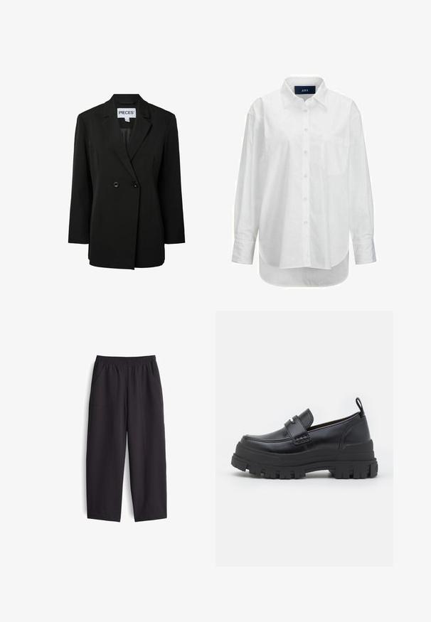 Pieces PCNOLINE LOOSE FIT - Blazer - black; Weißes Langarmhemd aus glattem Baumwollstoff mit Button-Down-Kragen, Brusttasche und abgerundetem Saum. Verfügt über eine Schulterpasse für zusätzliche Struktur.; Schwarze, weit geschnittene Hosen aus glattem Stoff. Mit elastischem Bund und zwei Seitentaschen, versehen mit sichtbaren Nähdetails.; Schwarzer Lederloafer mit dicker profilstarker Sohle, Mokassinnaht vorne, Riemendetail oben und Zuglasche an der Ferse, seitlich gezeigt.