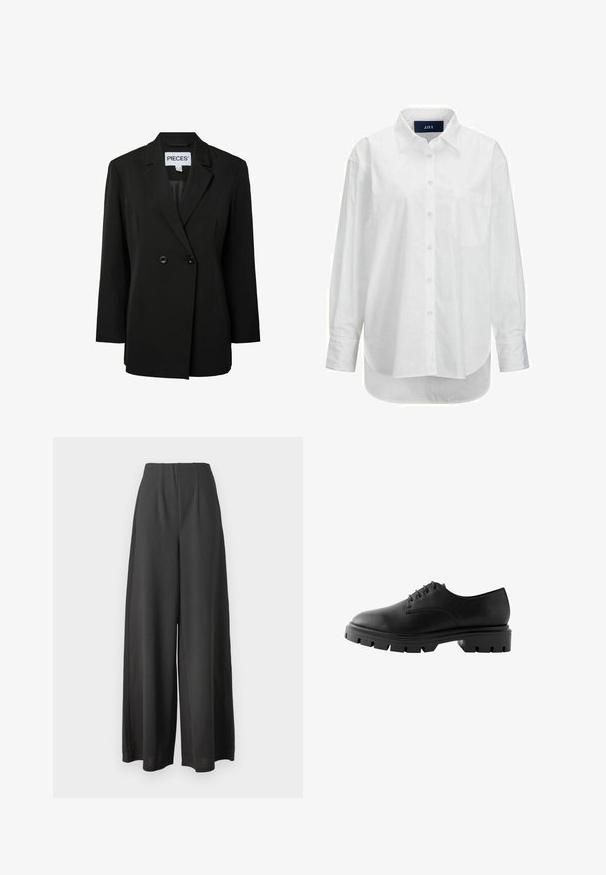 Pieces PCNOLINE LOOSE FIT - Blazer - black; Hvid langærmet skjorte i glat bomuld med knapkrave, frontlomme og buet nederkant. Har en rygskulder for ekstra struktur.; Sorte vide bukser lavet af et glat stof, med høj talje og plisseret design for ekstra struktur og dybde.; Sorte lædersko med rund tå, seks snørrehuller, flade snørebånd og en kraftig gummisål med dybe mønstre.