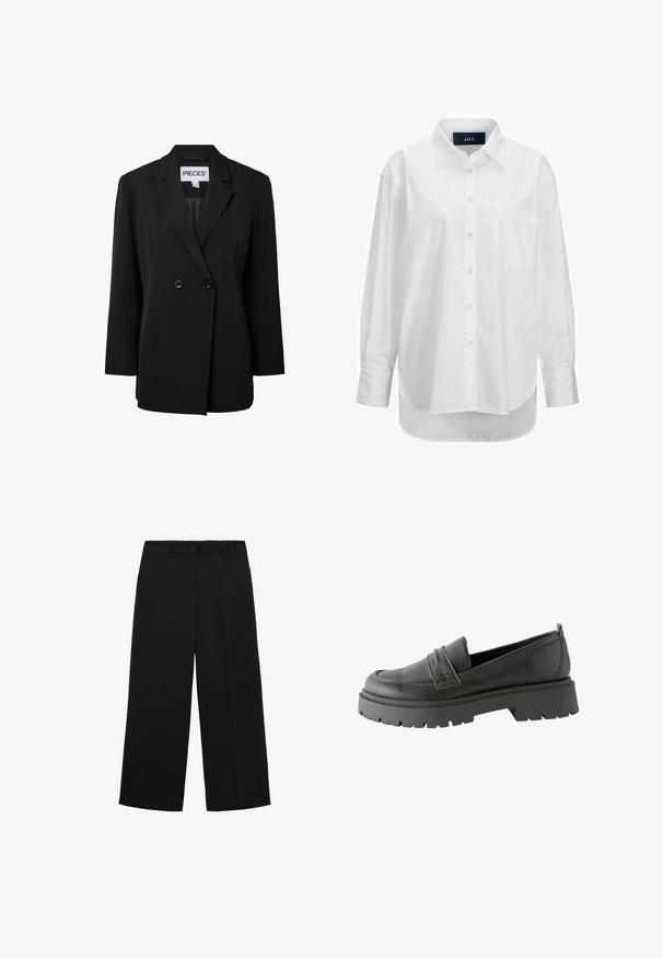 Pieces PCNOLINE LOOSE FIT - Blazer - black; Witte lange mouwen shirt van glad katoen met een button-down kraag, voorzak en ronde zoom. Heeft een achterpand voor extra structuur.; Zwarte wide-leg broek van lichtgewicht stof, met een knoopsluiting, voorkeurszakken en een nette, op maat gemaakte afwerking.; Zwarte leren loafers met een gestructureerde afwerking, opvallende stikdetails en een dikke zwarte rubberen zool met een geprofileerd patroon.