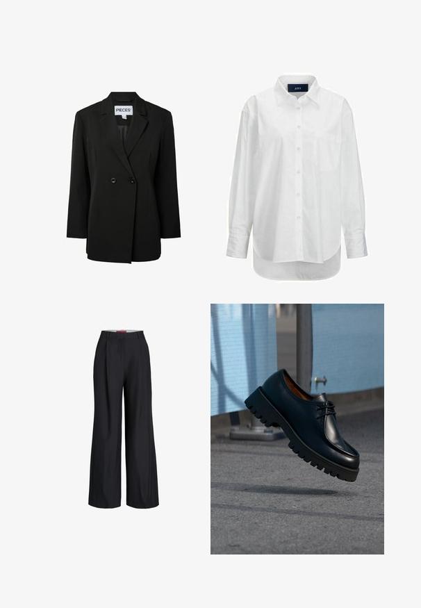 Pieces PCNOLINE LOOSE FIT - Blazer - black; Chemise blanche à manches longues en coton doux avec un col boutonné, une poche à l'avant et un ourlet arrondi. Présente un empiècement au dos pour plus de structure.; Pantalon large noir avec passants de ceinture et fermeture éclair à l'avant, présenté sur fond blanc.; Chaussure en cuir noire à semelle épaisse flottant au-dessus d'un trottoir gris avec des barrières de chantier bleues en arrière-plan.