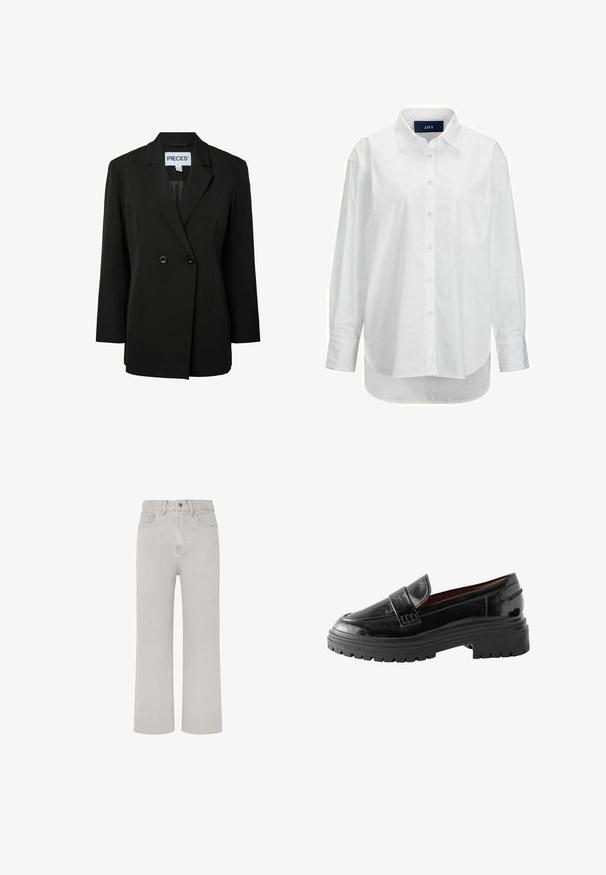 Pieces PCNOLINE LOOSE FIT - Blejzer - black; Biele dlhé rukávy košele z hladkej bavlny s golierom na gombíky, prednou vreckom a zakriveným lemom. Obsahuje zadný diel pre zvýšenú štruktúru.; Svetlo šedé denimové džínsy so strihom rovného nohavice, päť vreciek, predný zips a klasický pás. Jednoduché prešitie.; Čierne lakované kožené mokasíny s masívnou gumovou podrážkou, s okrúhlou špičkou a prešitým vyvýšeným pásom cez priehlavok.