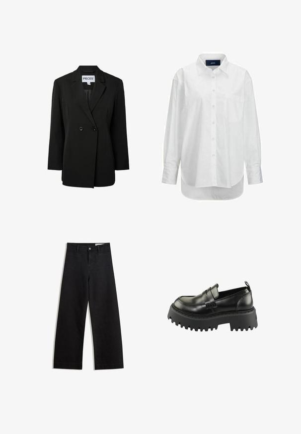 Pieces PCNOLINE LOOSE FIT - Blazer - black; Hvid langærmet skjorte i glat bomuld med knapkrave, frontlomme og buet nederkant. Har en rygskulder for ekstra struktur.; Sorte wide-leg denim bukser med høj talje, der har front- og baglommer, syede sømme og en knaplukning. Glat tekstur.; Sorte læder loafers med en tyk, struktureret sort gummisål. Har en rund tå og en dekorativ rem på tværs af vamps.