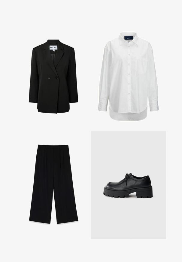Pieces PCNOLINE LOOSE FIT - Blejzer - black; Biele dlhé rukávy košele z hladkej bavlny s golierom na gombíky, prednou vreckom a zakriveným lemom. Obsahuje zadný diel pre zvýšenú štruktúru.; Čierne široké nohavice vyrobené z hladkej tkaniny, s plisovaním vpredu, stredne vysokým pásom a bez viditeľných zapínaní alebo ozdôb.; Čierne kožené šnurovacie topánky s hrubou, štruktúrovanou čiernou gumovou podrážkou a zaoblenou špičkou. Obsahujú jemné švy.