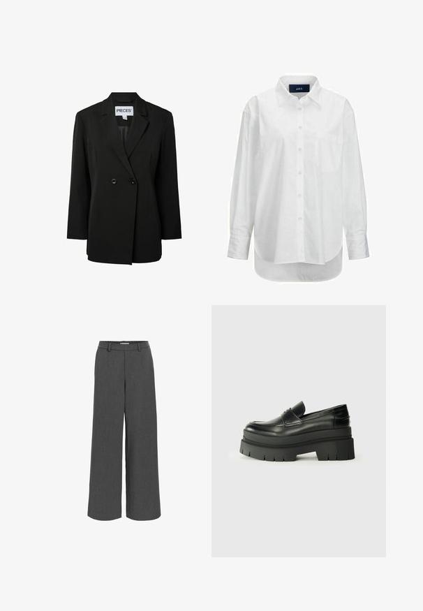 Pieces PCNOLINE LOOSE FIT - Blazer - black; Chemise blanche à manches longues en coton doux avec un col boutonné, une poche à l'avant et un ourlet arrondi. Présente un empiècement au dos pour plus de structure.; Pantalon large gris fabriqué en tissu texturé, avec une ceinture élastique et des poches avant pour un ajustement décontracté.; Mocassins en cuir noir avec une semelle plateforme épaisse. Bout arrondi, détail de couture sur le devant et accents de surpiqûres subtils. Semelle plate et texturée.