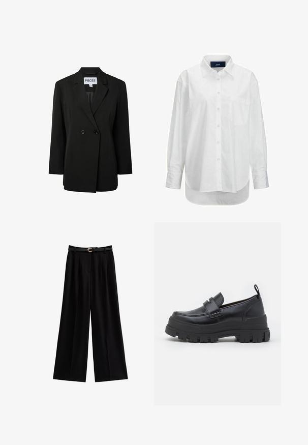 Pieces PCNOLINE LOOSE FIT - Blazer - black; Witte lange mouwen shirt van glad katoen met een button-down kraag, voorzak en ronde zoom. Heeft een achterpand voor extra structuur.; Wijde zwarte broeken van zacht materiaal, met scherpe plooien en een gestructureerde zwarte riem met een gouden gespaccent.; Zwarte leren loafer met dikke geribbelde zool, moc-toe stiksels, banddetail bovenaan en een trekband bij de hiel, zijaanzicht getoond.