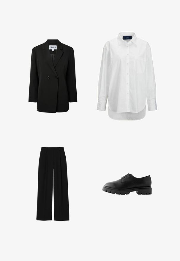 Pieces PCNOLINE LOOSE FIT - Blazer - black; Hvid langærmet skjorte i glat bomuld med knapkrave, frontlomme og buet nederkant. Har en rygskulder for ekstra struktur.; Sorte bukser med høj talje og vidde i benene med bæltestropper og forreste presninger, vist på hvid baggrund.; Sorte lædersko med rund tå, seks snørrehuller, flade snørebånd og en kraftig gummisål med dybe mønstre.