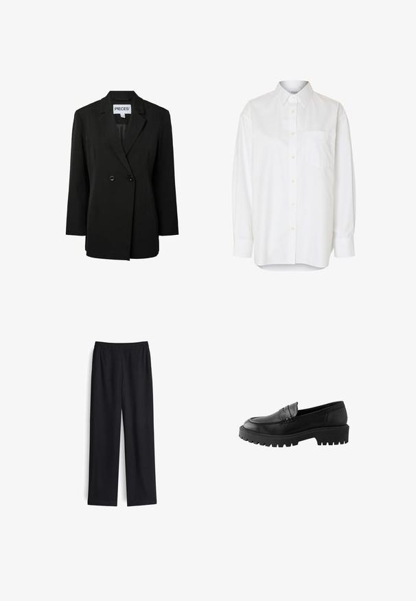 Pieces PCNOLINE LOOSE FIT - Blazer - black; Weißes Langarmhemd mit Knopfleiste, spitzem Kragen und Brusttasche, vor einfarbigem Hintergrund gezeigt.; Schwarze weite Hose aus glattem Stoff mit elastischem Bund und ohne sichtbare Taschen. Gerade Form mit sauberem Finish.; Schwarze Lederloafer mit abgerundetem Zehenbereich, erhöhten Nähten und einer stabilen Gummisohle mit tiefen Profiltiefen für besseren Halt.