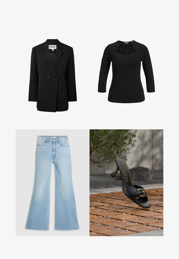 Pieces PCNOLINE LOOSE FIT - Blejzer - black; Čierny top s dlhým rukávom, s výrezom vpredu a zaväzovaním na golieri, priliehavý strih a okrúhly výstrih.; Svetlomodré rozšírené rifle s vysokým pásom vyrobené z denimu. Obsahujú klasický dizajn s piatimi vreckami a surový lem na manžetách.; Čierny dámsky mule na vysokom podpätku so zlatou prackou a logom „GUESS“ zvnútra, umiestnený na textúrovanej vonkajšej dlažbe s rozmazaným zeleným pozadím.