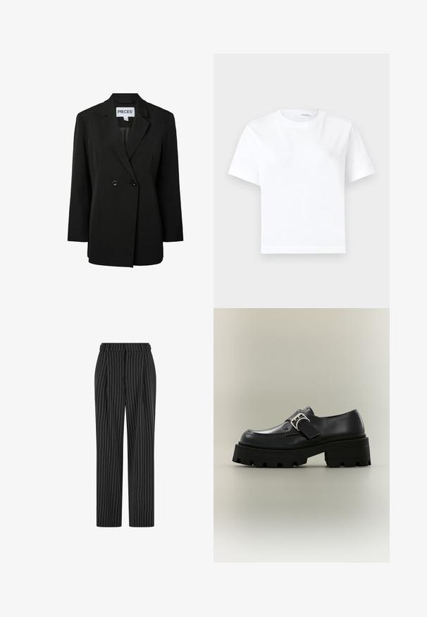 Pieces PCNOLINE LOOSE FIT - Blazer - black; Hvid kortærmet bomuld t-shirt med rund halsudskæring og lige kant, vist på en hvid baggrund.; Sorte pinstripe bukser med høj talje, plisseret front og lige ben design. Stoffet ser struktureret ud og er skræddersyet til et formelt look.; Sort læderloafer med chunky sål og sølvspænde, fotograferet mod en ensartet lys grå baggrund.