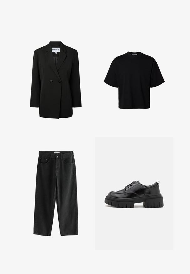 Pieces PCNOLINE LOOSE FIT - Blejzer - black; Čierne oversized tričko s krátkymi rukávmi, okrúhlym výstrihom a voľným strihom, zobrazené na bielom pozadí.; Čierne džínsy s širokými nohavicami a stredne vysokým pásom, s dvoma prednými vreckami, zapínaním na gombíky a jemnými detailmi šitia.; Čierne kožené šnurovacie topánky s okrúhlou špičkou, hrubou čiernou platformou a drsnom textúrou. Obsahujú očká a zadný úchyt.