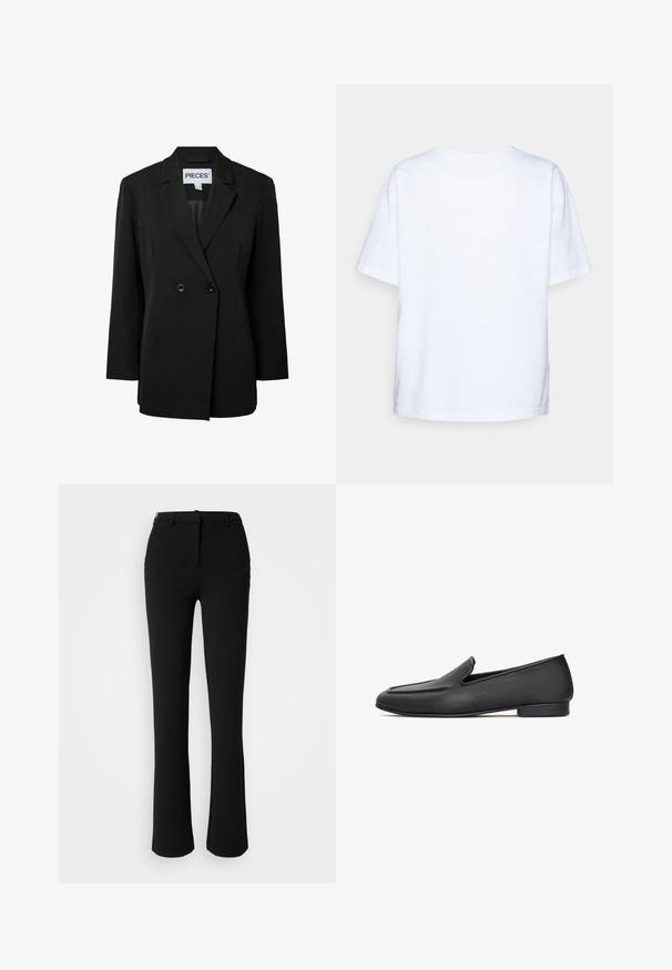 Pieces PCNOLINE LOOSE FIT - Blazer - black; Enkelt hvid kortærmet bomulds t-shirt vist bagfra mod en lys grå baggrund.; Sorte bukser lavet af et glat stof, med et lige ben design, frontlommer og en standard talje med en bæltestrop.; Sorte læder loafers med en tekstureret finish, der har en rund tå og lav hæl. Designet inkluderer en syet overdel.