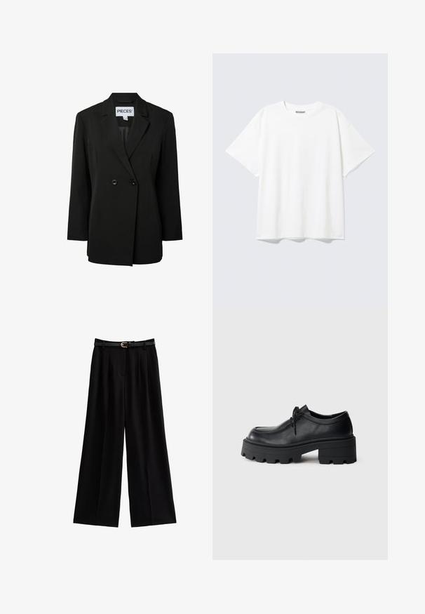 Pieces PCNOLINE LOOSE FIT - Blazer - black; Witte T-shirt met korte mouwen en een ronde hals, met een relaxte pasvorm en een "WEEKDAY" label aan de binnenkant achter bij de hals.; Wijde zwarte broeken van zacht materiaal, met scherpe plooien en een gestructureerde zwarte riem met een gouden gespaccent.; Zwarte leren veterschoen met een dikke, gestructureerde zwarte rubberen zool en een afgeronde neus. Voorzien van subtiele stikseldetails.