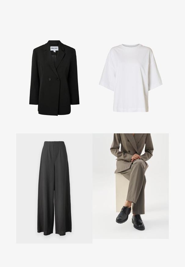 Pieces PCNOLINE LOOSE FIT - Blazer - black; Løs hvid T-shirt med korte ærmer, sænkede skuldre og rund halsudskæring på ensfarvet baggrund.; Sorte vide bukser lavet af et glat stof, med høj talje og plisseret design for ekstra struktur og dybde.; Person iført en taupe dragt, der sidder på en hvid blok med benene krydset og viser sorte snørelæder sko på en hvid baggrund.