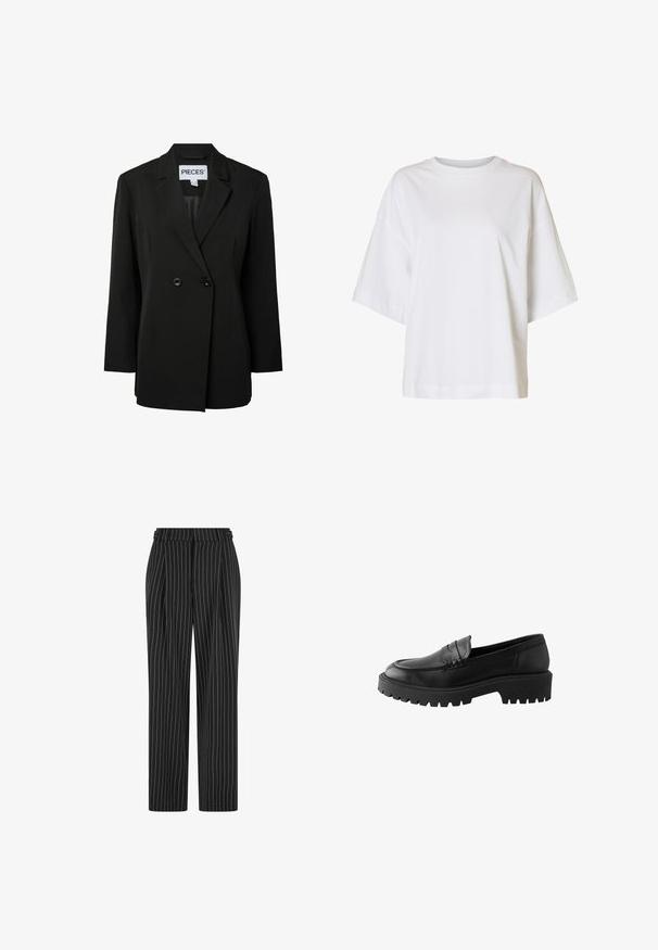 Pieces PCNOLINE LOOSE FIT - Blazer - black; Loszittend wit T-shirt met korte mouwen, verlaagde schouders en een ronde hals op een effen achtergrond.; Zwarte gestreepte broek met een hoge taille, geplooide voorkant en een recht, slim-fit ontwerp. De stof lijkt gestructureerd en is op maat gemaakt voor een formele uitstraling.; Zwarte leren instapper met een ronde neus, verhoogde stiknaaddetails en een stevige rubberen zool met diepe profielen voor grip.