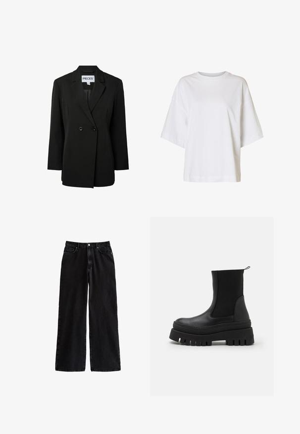Pieces PCNOLINE LOOSE FIT - Blazer - black; Loszittend wit T-shirt met korte mouwen, verlaagde schouders en een ronde hals op een effen achtergrond.; Zwarte, wijde denim broek met hoge taille, voorzien van een klassiek vijf-pocket ontwerp en een knoopsluiting, gemaakt van stevige katoen.; Zwarte enkellaarsjes met een glad leren bovenwerk, elastische zijpanelen en een stevige rubberen zool met diepe groeven voor grip.