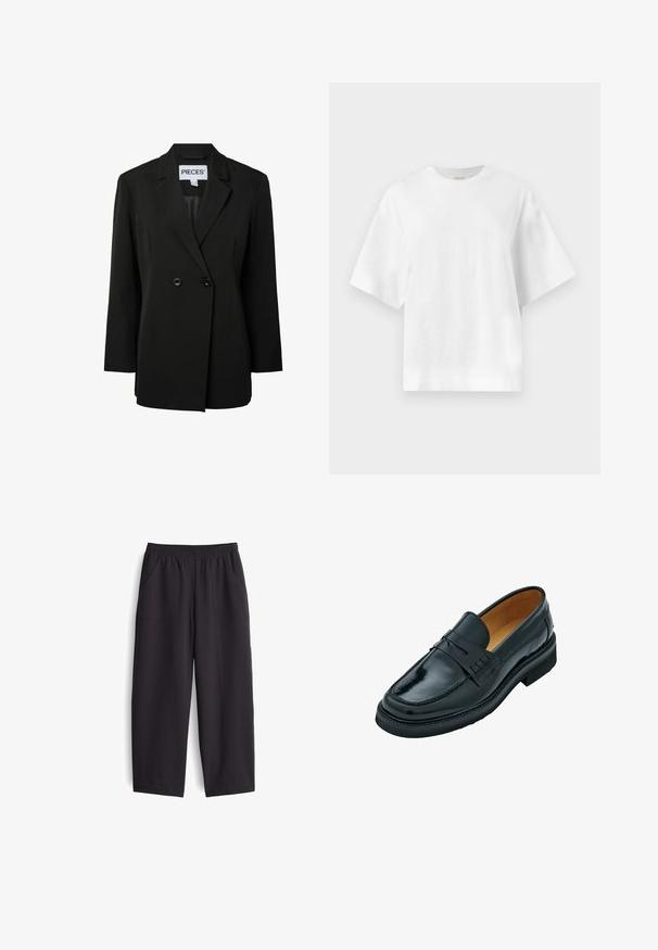 Pieces PCNOLINE LOOSE FIT - Blazer - black; Effen witte oversized T-shirt met korte mouwen en ronde hals, plat afgebeeld tegen een lichtgrijze achtergrond.; Zwarte, wijde broek gemaakt van een gladde stof. Voorzien van een elastische tailleband en twee zakken aan de zijkant, met zichtbare stikdetails.; Zwarte leren instappers met een gladde afwerking, voorzien van een verhoogde band over de wreef, een ronde neus en een lage, platte rubberen zool.