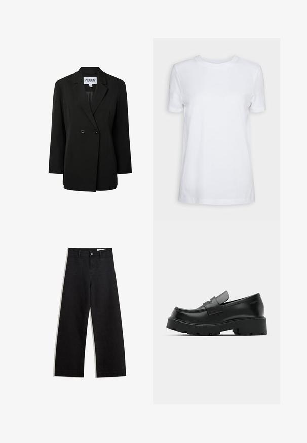 Pieces PCNOLINE LOOSE FIT - Blazer - black; Effen wit T-shirt met korte mouwen en ronde hals, normale pasvorm en een klein label aan de binnenkant van de hals met de tekst "SELECTED FEMME."; Zwarte denim broek met wijde pijpen en een hoge taille, voorzien van voor- en achterzakken, gestikte naden en een knoopsluiting. Gladde textuur.; Zwarte leren instappers met een chunky, gestructureerde zool, voorzien van een band over de voet en een gladde, gepolijste afwerking.