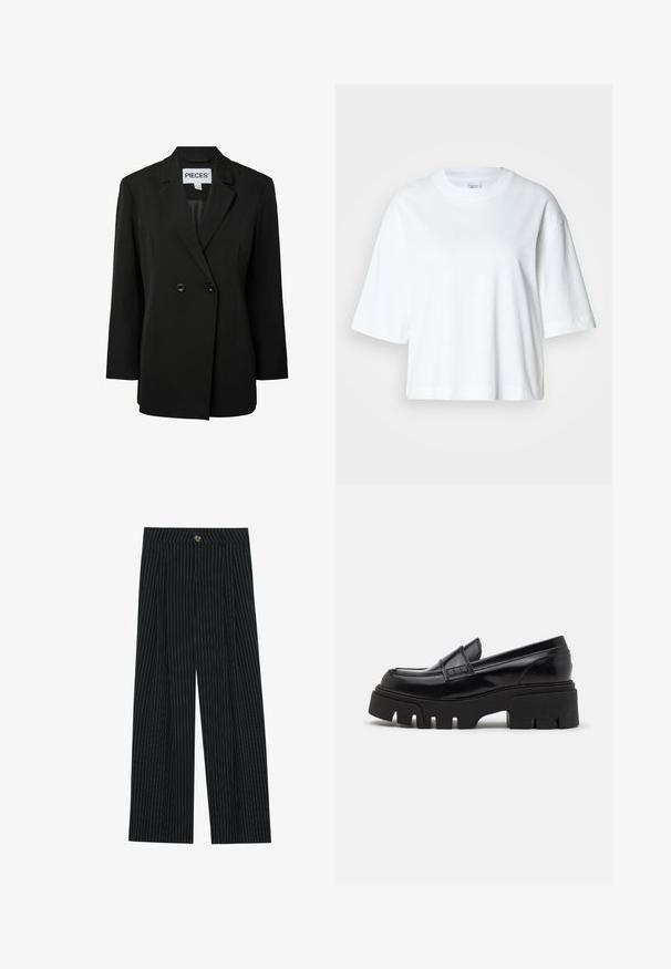 Pieces PCNOLINE LOOSE FIT - Blazer - black; Camiseta blanca corta con mangas cortas, escote redondo, hecha de material de algodón suave, con un diseño simple y limpio.; Pantalones de pierna ancha a rayas negras, fabricados con una tela texturizada, que cuentan con un cierre frontal de botón y un diseño plisado para mayor interés.; Mocasines de cuero negro con una suela de plataforma gruesa y texturizada, y una correa decorativa en la parte superior. Acabado liso y brillante.