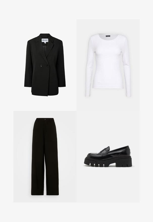 Pieces PCNOLINE LOOSE FIT - Σακάκι - black; Λευκή ριγέ μπλούζα μακρυμάνικη με στρογγυλή λαιμόκοψη. Κατασκευασμένη από ελαστικό ύφασμα που αγκαλιάζει το σώμα. Διαθέτει διακριτές οριζόντιες γραμμές.; Μαύρο παντελόνι με φαρδιά πόδια, φτιαγμένο από μαλακό ύφασμα, με κουμπί στη μέση και προσαρμοσμένη σιλουέτα χωρίς ορατά σχέδια.; Μαύρες δερμάτινες loafers με χοντρή υφή στη σόλα και διακοσμητική ζώνη κατά μήκος του επάνω μέρους. Λείο, γυαλιστερό φινίρισμα.