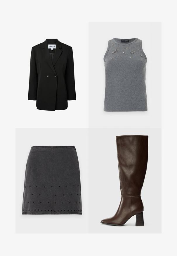 Pieces PCNOLINE LOOSE FIT - Σακάκι - black; Γκρι πλεκτό τοπ χωρίς μανίκια με μικρές ασημένιες χάντρες σε σχήμα λουλουδιών κοντά στο στρογγυλό ντεκολτέ, με ετικέτα Anna Field.; Μαύρη ντένιμ μίνι φούστα με ίσια γραμμή και διακοσμητικές στρογγυλές τρύπες που κοσμούνται με μαύρες χάντρες κατά μήκος του προσανατολισμού.; Καφέ δερμάτινη μπότες μέχρι το γόνατο με μυτερή μύτη και χοντρό υφασμάτινο τακούνι. Λείο φινίρισμα με ελάχιστες λεπτομέρειες ραφής.