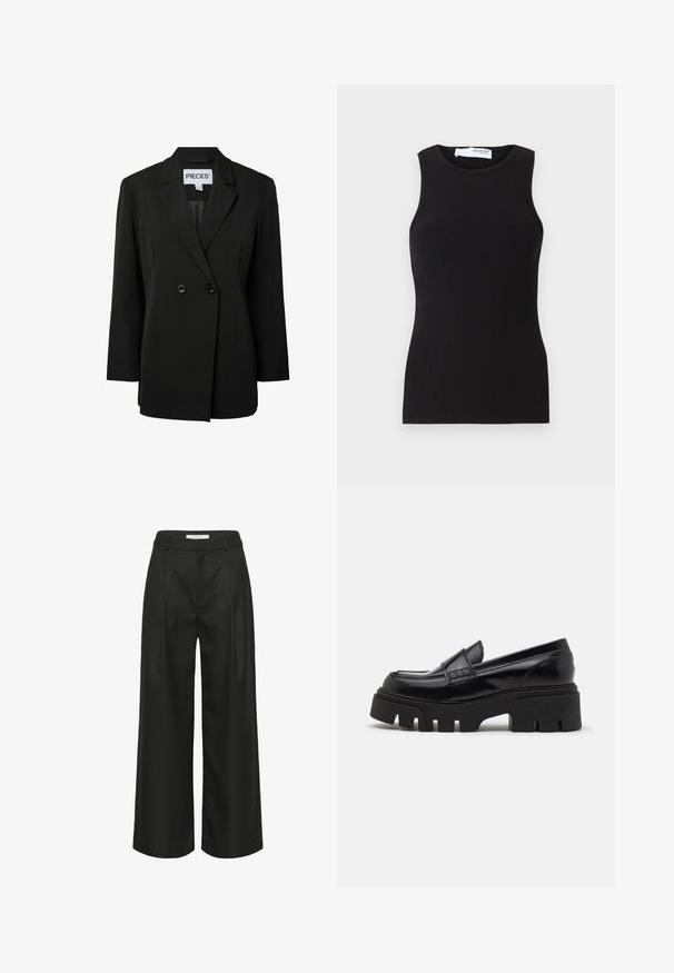 Pieces PCNOLINE LOOSE FIT - Blazer - black; Sort ribbet tanktop med uden ærmer og rund hals. Lavet af et strækbart stof, har den en tætsiddende form og en glat overflade.; Sort bukser med vide ben og skræddersyet design, der har høj talje, forreste læg og glat stoftekstur. Velegnet til formelt tøj.; Sorte læder loafers med en chunky, tekstureret platformssål og en dekorativ rem over toppen. Glat, blank finish.