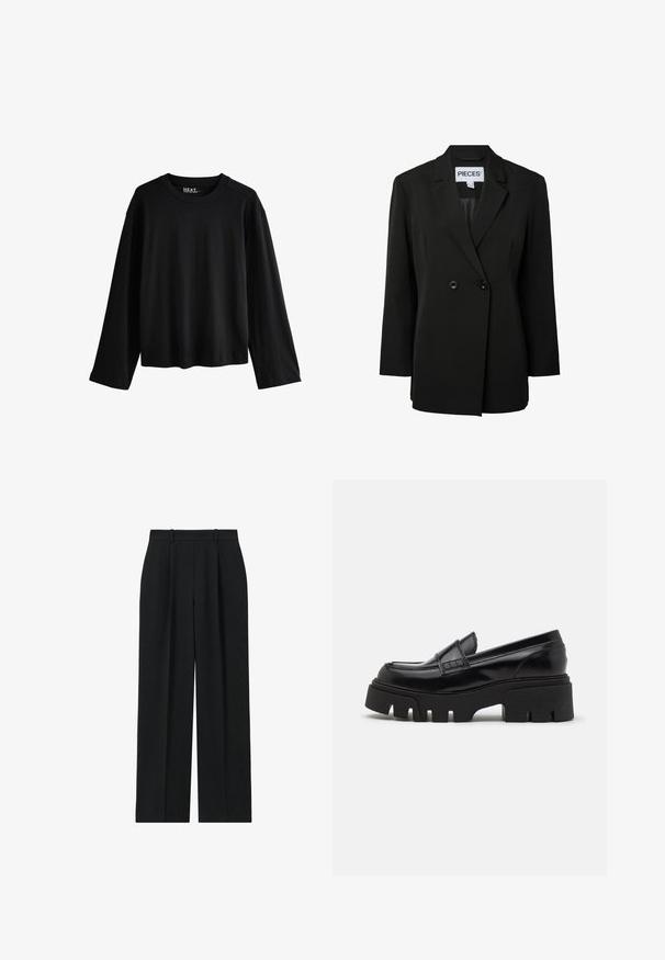 Pieces PCNOLINE LOOSE FIT - Blazer - black; Camiseta negra de algodón con mangas largas y cuello redondo, corte relajado y etiqueta de la marca visible en el interior en la parte trasera del cuello.; Reiss PETITE FIT - EDEN ELASTICATED WAIST WIDE - Pantalones - navy; Mocasines de cuero negro con una suela de plataforma gruesa y texturizada, y una correa decorativa en la parte superior. Acabado liso y brillante.