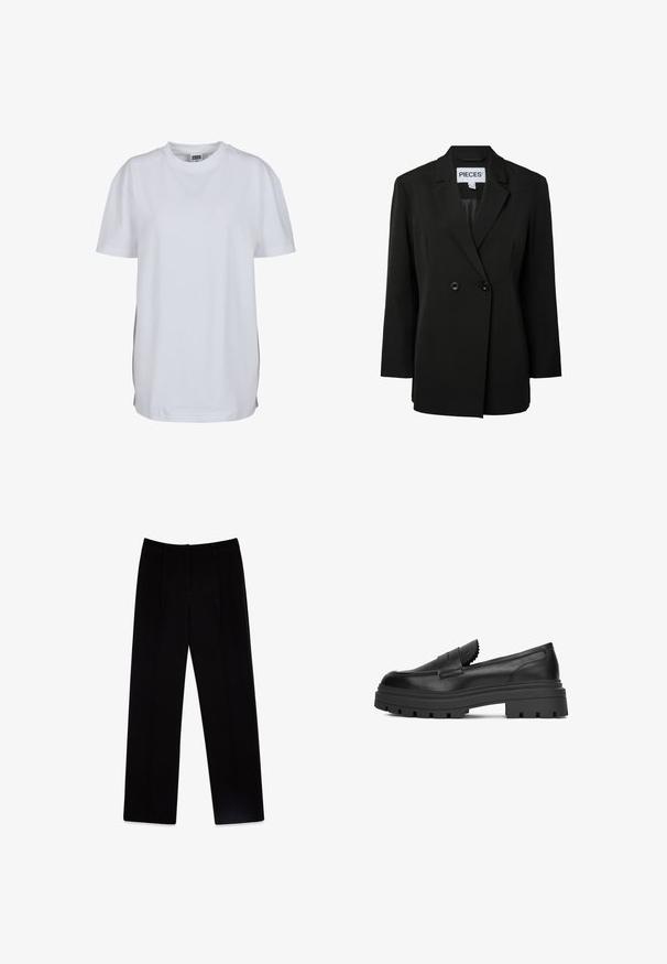 Pieces PCNOLINE LOOSE FIT - Blazer - black; Effen wit T-shirt met korte mouwen en ronde hals, met een rechte zoom en een klein zichtbaar merklabel binnenin de kraag.; Zwarte op maat gemaakte broeken van geweven stof. Kenmerken een rechte pijpdesign, twee plooien aan de voorkant en een gladde, matte textuur.; Zwarte leren instappers met een dikke, robuuste zool. Heeft gegolfde details aan de voorkant en een gladde afwerking. Strak en modern ontwerp.