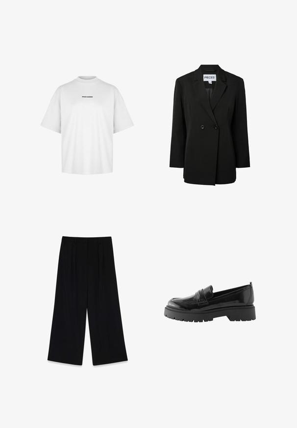 Pieces PCNOLINE LOOSE FIT - Blazer - black; Hvid bomulds t-shirt med høj rund hals og korte ærmer. Har "PEGADOR" trykt i sort centralt på brystet.; Sorte vide bukser lavet af glat stof, der har læg foran, en mellemhøj talje og ingen synlige lukninger eller pynt.; Sorte lakerede loafers har en lav platformssål med en robust træd og en quiltet detalje over midtfoden.