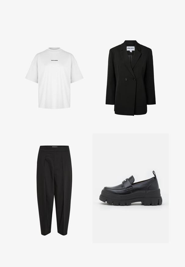 Pieces PCNOLINE LOOSE FIT - Blazer - black; Hvid bomulds t-shirt med høj rund hals og korte ærmer. Har "PEGADOR" trykt i sort centralt på brystet.; Sorte bukser i et glat stof, der har høj talje, midterrude og smalle ben. Ingen synlige lommer eller pynt.; Sort læderloafer med tyk rillede sål, mok tå syning, remdetalje over toppen og trækstrop på hælen, vist i sideprofil.