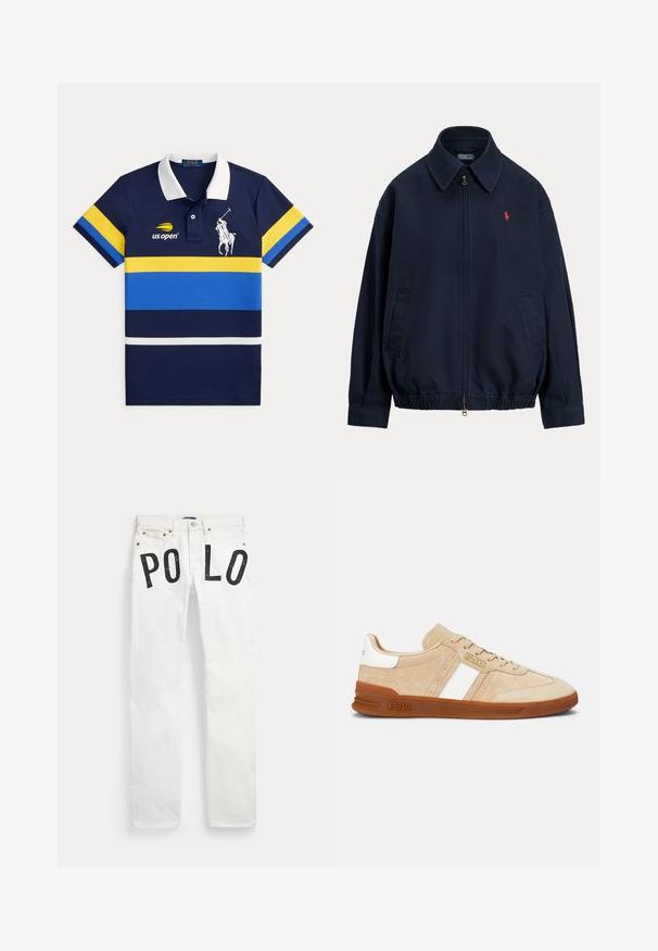 Veste zippée bleu marine avec col, taille élastique, poches latérales et petit logo rouge brodé sur la poitrine gauche.; Polo bleu marine avec col blanc, rayures horizontales jaunes et bleues, logo US Open sur la poitrine gauche, et un grand emblème blanc de joueur de polo.; Jeans en denim blanc avec poches avant et lettres noires formant "PO LO" sur la partie supérieure de la cuisse de chaque jambe.; Baskets en daim beige avec des bandes blanches, une semelle en caoutchouc et des accents marron clair. Présentent un corps texturé et un logo sur le côté.