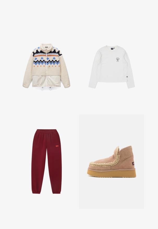 Creme fleecejakke med blå, sort og orange geometrisk mønster over brystet, fuld lynlås, to frontlommer med lynlåse og snore i kanten.; Crewneck langærmet T-shirt i off-white bomuld. Har et lille sort hjertegrafik på brystet og et sort mærke på siden.; Bordeaux sweatpants med elastisk talje, sidelommer og tapered ben. Bemærkelsesværdigt logo trykt i pink på venstre side.; Suede ankelstøvler i lys pink med et tekstureret fletdesign langs kanten og en tyk gummisål i en kontrasterende brun farve.