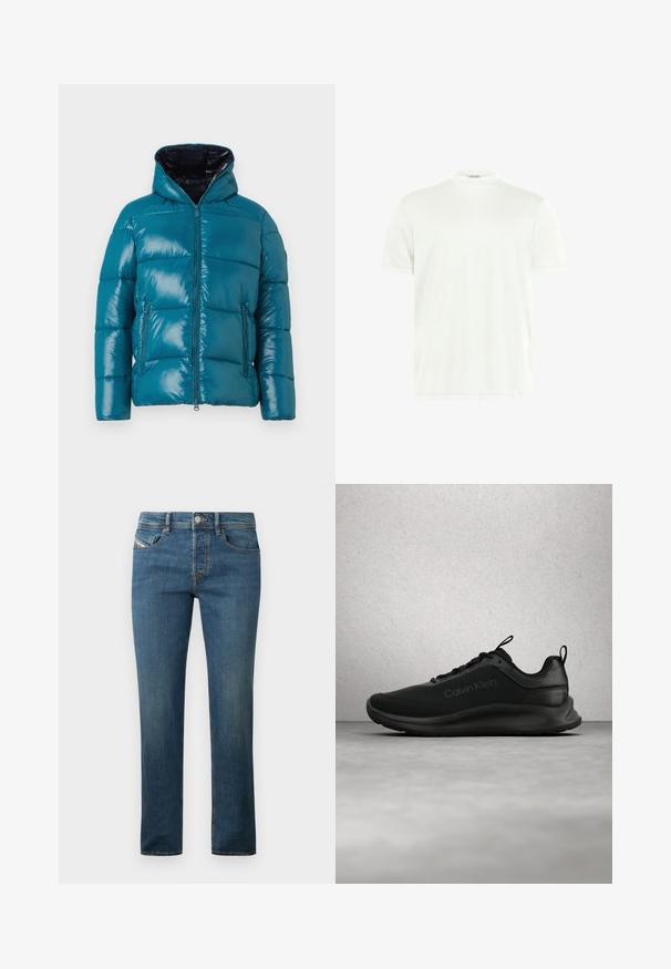 Chaqueta puffer en teal con superficie brillante, capucha, cierre con cremallera y dos bolsillos laterales. Diseño acolchado con paneles cosidos en todo su alrededor.; Camiseta blanca de cuello redondo hecha de tela suave. Mangas cortas, sin estampados. Diseño simple con dobladillo recto y detalles mínimos.; Jeans de mezclilla azul oscuro con un diseño de pierna recta, estilo de cinco bolsillos y un ligero desgaste. Presenta un botón de metal y trabillas para el cinturón.; Zapatilla negra de Calvin Klein con cordones flotando sobre un suelo gris pulido, con ventanas de bloques de vidrio al fondo.