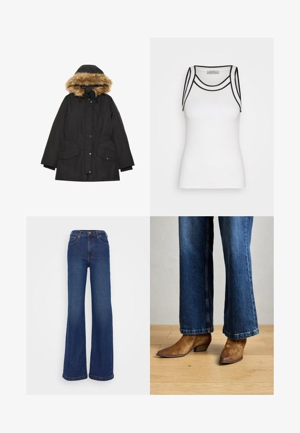 Parka negra con capucha forrada de piel, cintura elástica, dos bolsillos frontales y botones a presión. Textura suave y diseño casual.; Top de tirantes blanco hecho de tela acanalada, con detalles en negro a lo largo del escote y los ojales de los brazos, con una silueta ajustada.; Pantalones vaqueros de pierna ancha fabricados en denim azul oscuro. Presentan una cintura alta, diseño de cinco bolsillos y costuras sutiles en las costuras.; Botas de ante marrón hasta el tobillo con punta afilada y un pequeño tacón, combinadas con unos jeans acampanados azul oscuro, sobre un suelo de madera.