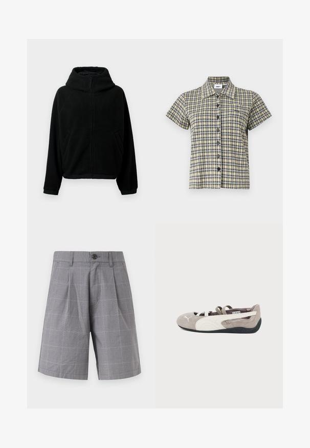 Veste en polaire noire avec fermeture éclair sur le devant, col haut, manches longues, poignets élastiques et deux poches latérales.; Chemise à manches courtes avec motif à carreaux jaune, noir et blanc et un col, présentée sur un fond uni.; Shorts gris sur mesure avec un motif à carreaux subtil, plis avant, passants pour ceinture, poches latérales et une fermeture à bouton noir unique.; Ballerine plate en daim brun clair avec logo Puma blanc, bande latérale blanche, sangles élastiques et semelle en caoutchouc noire.