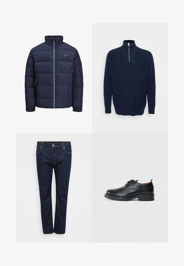 Marineblå pufferjakke med høj krave, quiltet design, frontlukkede lynlås og to lynlåslommer i siderne. Blød, glat tekstur.; Marineblå zip-neck sweater lavet af ribbet materiale. Har en opretstående krave og raglanærmer. Løs pasform med en lige kant.; Mørkeblå denim jeans med lige ben, der har synlige stikninger i kontrasterende gul, fem lommer og en frontlukning med knap.; Sorte læder derby-sko med en glat overflade, rund tå, snøre-design og en tyk, robust gummisål.