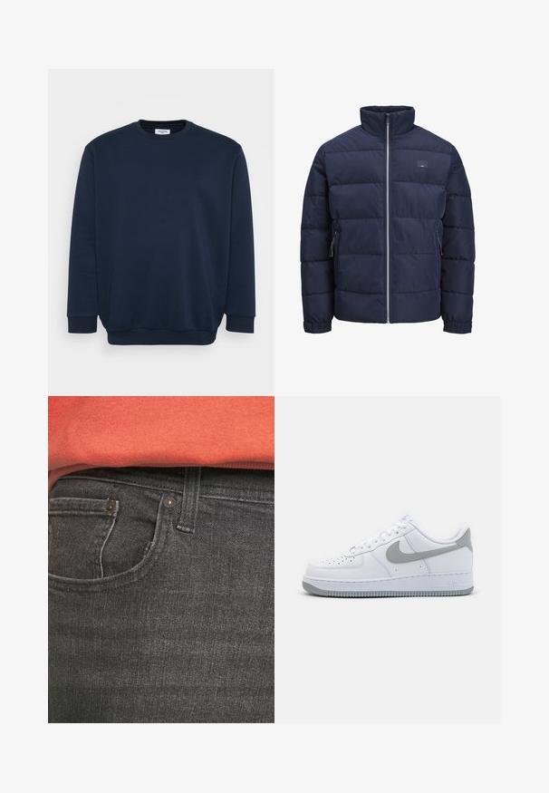 Marineblå pufferjakke med høj krave, quiltet design, frontlukkede lynlås og to lynlåslommer i siderne. Blød, glat tekstur.; Marineblå sweatshirt lavet af blød bomuldsblanding, med rund hals, lange ærmer og ribbede manchetter og kant. Minimalistisk design uden mønstre.; Mørkegrå denimjeans har en frontlomme, små metalnitter og en tekstureret overflade. Materialet ser blødt ud med en let glans.; Hvide lædersneakers med et gråt Swoosh-logo, perforeret tå og gummiydersål med tekstur. Kort ankelhøjde.