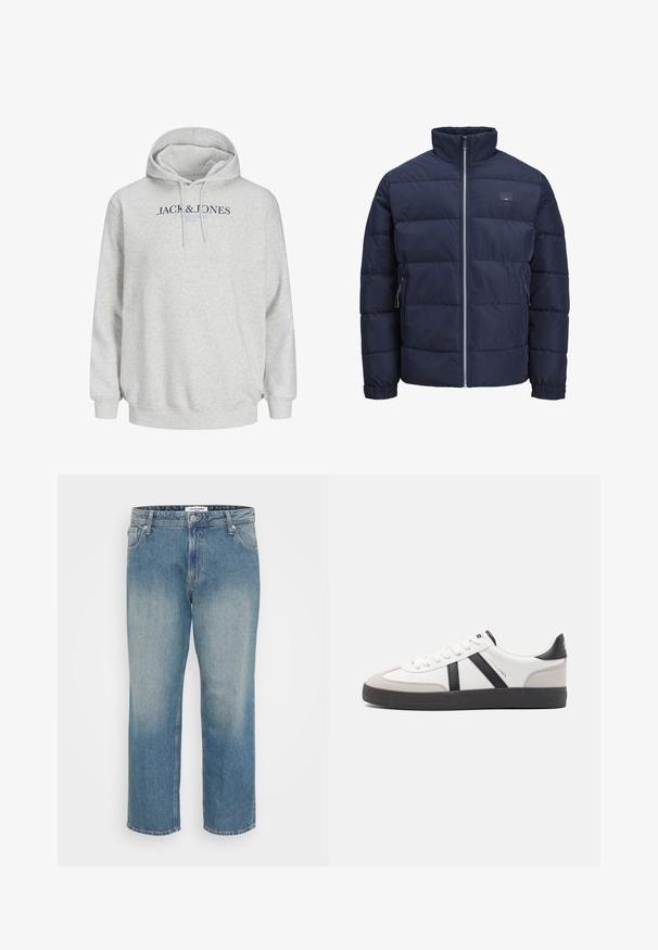 Marineblå pufferjakke med høj krave, quiltet design, frontlukkede lynlås og to lynlåslommer i siderne. Blød, glat tekstur.; Lys grå hættetrøje med snore og "JACK & JONES" trykt hen over brystet i mørkeblå og lyseblå tekst.; Blå straight-leg jeans i denim med falmet front, fem-lomme design, knap- og lynlås lukning samt bæltestropper.; Hvide sneakers med sorte og grå detaljer, med en tekstureret grå tåhætte, sort gummisål og flade hvide snørebånd. Rent design, minimalistisk stil.