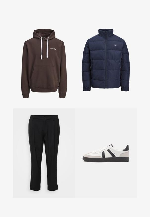 Marineblå pufferjakke med høj krave, quiltet design, frontlukkede lynlås og to lynlåslommer i siderne. Blød, glat tekstur.; Brun hætte sweatshirt med hvide snore, frontlomme i kangaroo-stil og lille hvid tekst "CORE™ DEPT. ETABLERET 1990" på brystet.; Sorte skræddersyede bukser med lige bendesign. Fremstillet af et glat stof, med knaplukning og to forlommer.; Hvide sneakers med sorte og grå detaljer, med en tekstureret grå tåhætte, sort gummisål og flade hvide snørebånd. Rent design, minimalistisk stil.