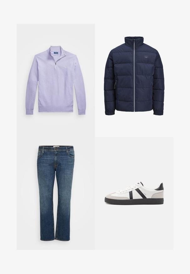 Marineblå pufferjakke med høj krave, quiltet design, frontlukkede lynlås og to lynlåslommer i siderne. Blød, glat tekstur.; Lys lilla strikket pullover med lynlås i kvart længde, ribbede manchetter og kant; har et lille logo på brystet.; Mørkeblå denim jeans med et lige ben-design, der har fem lommer, knaplukning og subtilt slid for tekstur.; Hvide sneakers med sorte og grå detaljer, med en tekstureret grå tåhætte, sort gummisål og flade hvide snørebånd. Rent design, minimalistisk stil.