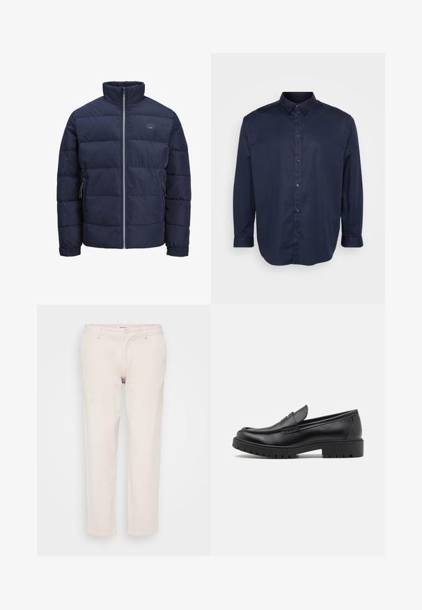 Veste matelassée navy avec un col haut, design quilté, fermeture éclair frontale et deux poches latérales zippées. Texture douce et lisse.; Chemise à manches longues bleu marine en tissu lisse, avec un col pointu, un devant boutonné et un ourlet arrondi.; Pantalons en coton beige à coupe droite, dotés d'une fermeture à bouton, de passants de ceinture et sans motifs ni textures visibles.; Mocassins en cuir noir avec un bout arrondi, un design à enfiler et une semelle en caoutchouc épaisse avec une texture antidérapante. Talon surélevé et détails de surpiqûre subtils.