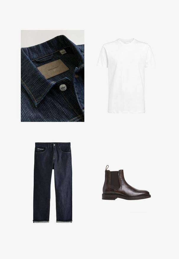 Camisa de mezclilla que presenta una tela texturizada de color azul oscuro, con un cuello, una etiqueta de cuero que dice "DENIM SUPPLY" y un botón de presión plateado.; Camiseta blanca de manga corta hecha de algodón, con un cuello redondo y un ajuste estándar. Diseño liso, sin patrones ni acentos visibles.; Vaqueros de mezclilla azul oscuro con un ajuste recto clásico, que cuentan con cinco bolsillos, cierre de botones y puños doblados que muestran un forro azul claro.; Botín Chelsea de cuero marrón con paneles laterales elásticos, tirador en bucle y un tacón bajo apilado. Textura suave y silueta elegante.