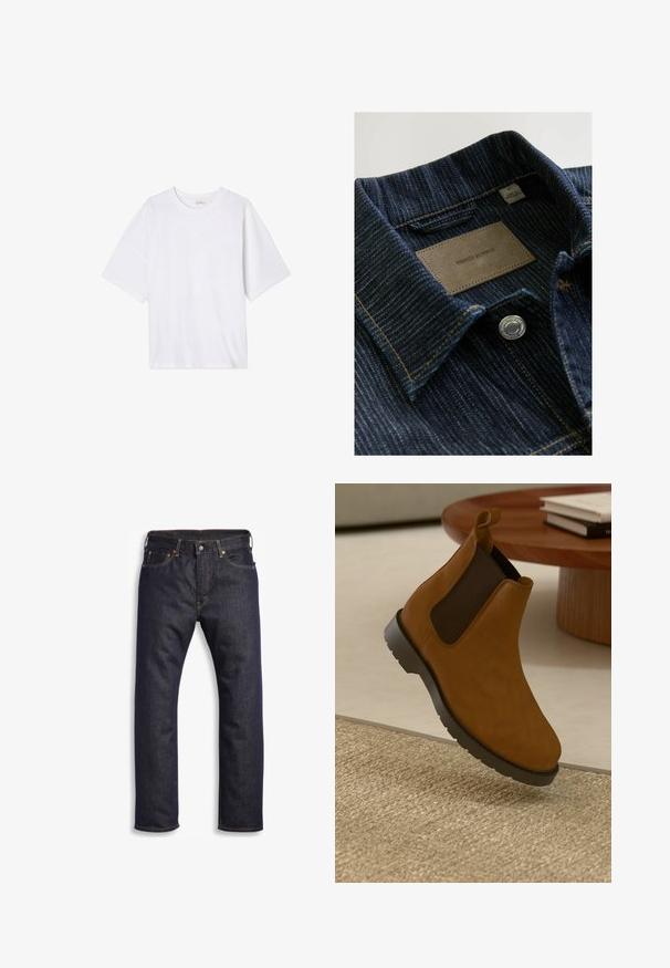 Teksasest meenutav särk, millel on tume sinine, tekstuuriga kangas, krae, nahkalgus "DENIM SUPPLY" ja hõbedane snaps-nupp.; Valge lühikeste varrukatega t-särk, mis on valmistatud pehmest kangast. Omab ümmargust kaelust ja lahedat lõiget koos sirge servaga. Ilma mustrite ja tarvikuteta.; Tumed sinine teksapükk, sirge lõikega, viie-tasku kujundusega, metallist detailidega ja kontrastsete oranžide õmblustega. Sile tekstuur, nähtavad mustrid puuduvad.; Pruuni nahast Chelsea saapad mustade elastsete külgpaneelidega, ümmarguse varbaga, tekstureeritud kummitald ja väike tõmblukk tagaküljel.