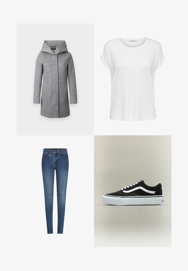 Abrigo gris de mujer hasta la rodilla con mangas largas y una gran capucha, cierre frontal oculto bajo una tapeta lisa.; Camiseta blanca de manga corta hecha de algodón suave. Presenta un cuello redondo y puños enrollados. Diseño simple sin patrones ni acentos.; Jeans ajustados de denim azul oscuro, con una cintura de altura media, cinco bolsillos y costuras en contraste. Textura suave con un ligero estiramiento.; Zapatilla deportiva negra de corte bajo con raya lateral blanca, cordones blancos, suela de goma blanca y puntera texturizada sobre fondo neutro.