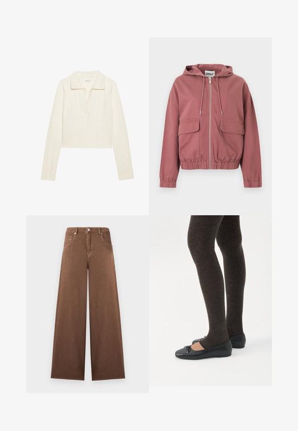 Sweat à capuche zippé couleur rose poussiéreux avec cordons de serrage, poignets et ourlet élastiqués, et deux grandes poches à rabat à l'avant, présenté sur fond blanc.; Pull court en crème, présentant un motif en maille torsadée, un large col et des poignets côtelés. Fabriqué à partir d'un tissu doux et texturé.; Jean en denim marron à jambes larges avec taille haute, fermeture à boutons et fermeture éclair sur le devant, et design à cinq poches.; Jambes portant des leggings côtelés foncés associés à des ballerines noires avec de petits détails en nœud sur fond blanc.